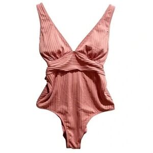 Ruched Ribbed Plunge One Piece Swimsuit‎ Mauve Pink V Neck Sexy Bathing Suit